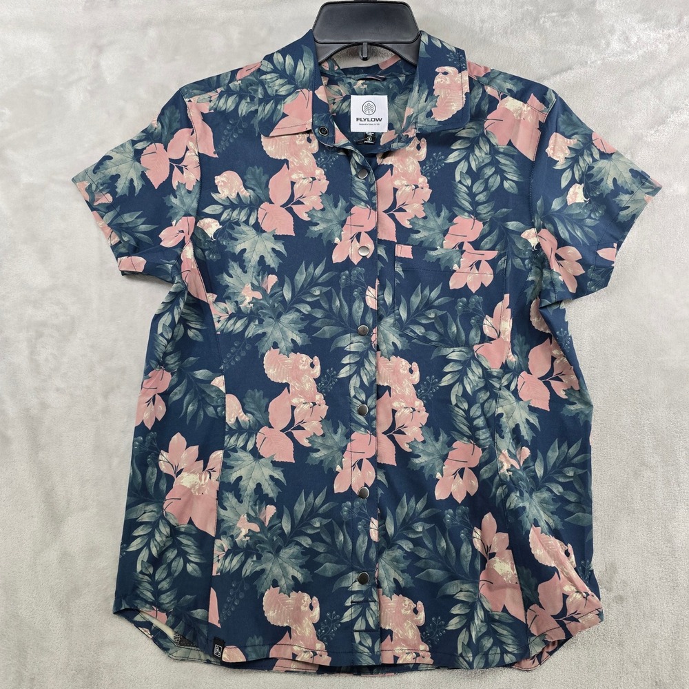 Flylow Size Small Phoenix Button Down Shirt Blue Floral Twig Night Plaid MTB